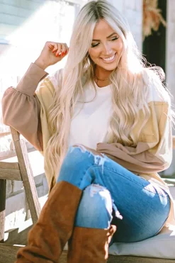 New Dear-Lover Color Block Sleeve Patchwork Oversized Sweatshirt Khaki