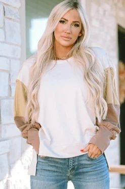 New Dear-Lover Color Block Sleeve Patchwork Oversized Sweatshirt Khaki