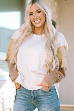 New Dear-Lover Color Block Sleeve Patchwork Oversized Sweatshirt Khaki