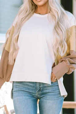 New Dear-Lover Color Block Sleeve Patchwork Oversized Sweatshirt Khaki