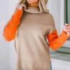 Fashion Dear-Lover Color Block Turtle Neck Drop Shoulder Knit Sweater Khaki