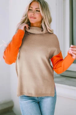 Fashion Dear-Lover Color Block Turtle Neck Drop Shoulder Knit Sweater Khaki