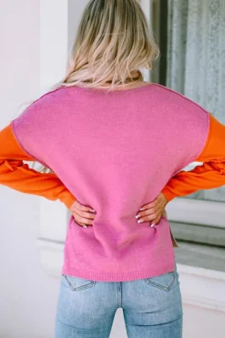 Fashion Dear-Lover Color Block Turtle Neck Drop Shoulder Knit Sweater Khaki