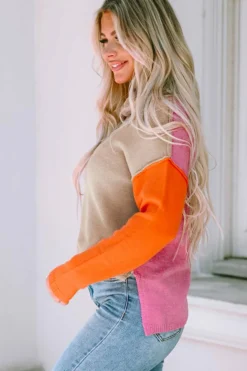 Fashion Dear-Lover Color Block Turtle Neck Drop Shoulder Knit Sweater Khaki