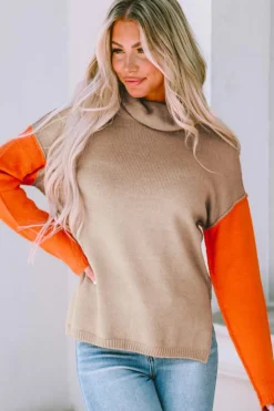 Fashion Dear-Lover Color Block Turtle Neck Drop Shoulder Knit Sweater Khaki