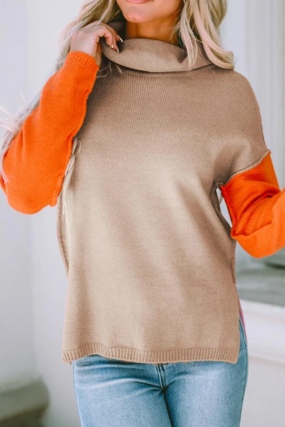 Fashion Dear-Lover Color Block Turtle Neck Drop Shoulder Knit Sweater Khaki
