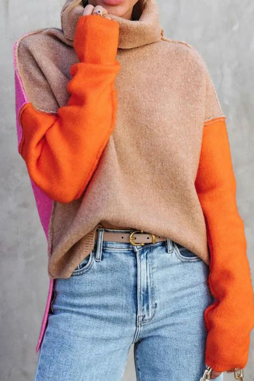 Fashion Dear-Lover Color Block Turtle Neck Drop Shoulder Knit Sweater Khaki