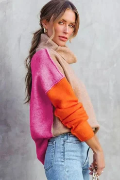 Fashion Dear-Lover Color Block Turtle Neck Drop Shoulder Knit Sweater Khaki
