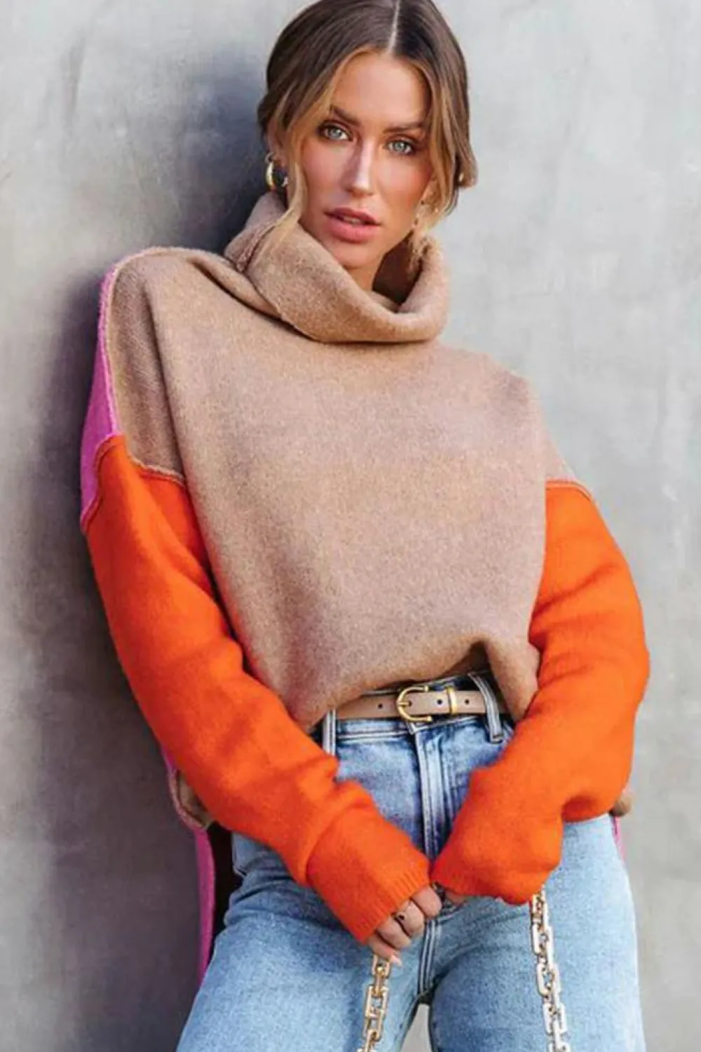 Fashion Dear-Lover Color Block Turtle Neck Drop Shoulder Knit Sweater Khaki