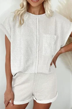 Online Dear-Lover Colorblock Chest Pocket Exposed Seam Tee and Shorts Set Khaki