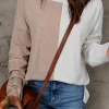 New Dear-Lover Colorblock Long Sleeve Crew Neck Top Khaki