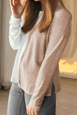 New Dear-Lover Colorblock Long Sleeve Crew Neck Top Khaki