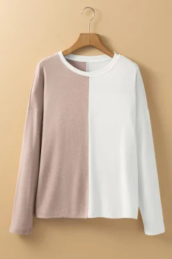 New Dear-Lover Colorblock Long Sleeve Crew Neck Top Khaki