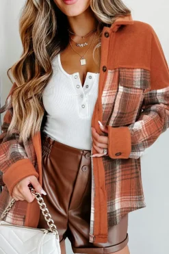 Fashion Dear-Lover Colorblock Plaid Pattern Flap Pockets Buttoned Shacket Khaki
