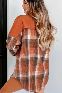 Fashion Dear-Lover Colorblock Plaid Pattern Flap Pockets Buttoned Shacket Khaki