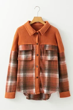 Fashion Dear-Lover Colorblock Plaid Pattern Flap Pockets Buttoned Shacket Khaki