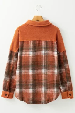 Fashion Dear-Lover Colorblock Plaid Pattern Flap Pockets Buttoned Shacket Khaki