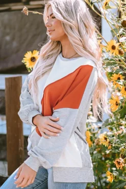 Hot Dear-Lover Colorblock Stitching Irregular Hem Long Sleeve Top Khaki