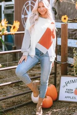 Hot Dear-Lover Colorblock Stitching Irregular Hem Long Sleeve Top Khaki
