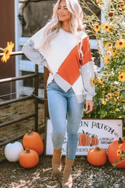Hot Dear-Lover Colorblock Stitching Irregular Hem Long Sleeve Top Khaki