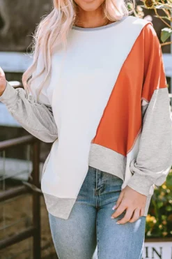 Hot Dear-Lover Colorblock Stitching Irregular Hem Long Sleeve Top Khaki