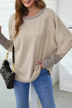 Sale Dear-Lover Contrast Cuffs Batwing Sleeve Loose Top Khaki