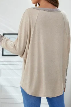 Sale Dear-Lover Contrast Cuffs Batwing Sleeve Loose Top Khaki