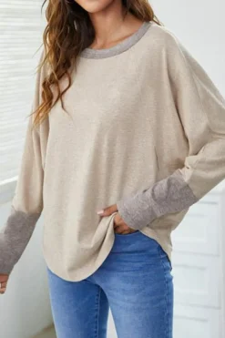 Sale Dear-Lover Contrast Cuffs Batwing Sleeve Loose Top Khaki