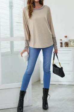 Sale Dear-Lover Contrast Cuffs Batwing Sleeve Loose Top Khaki