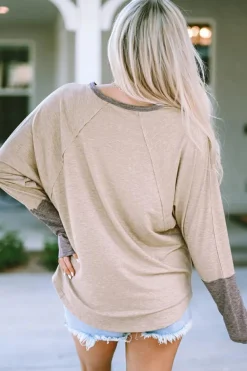 Sale Dear-Lover Contrast Cuffs Batwing Sleeve Loose Top Khaki