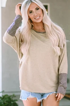 Sale Dear-Lover Contrast Cuffs Batwing Sleeve Loose Top Khaki