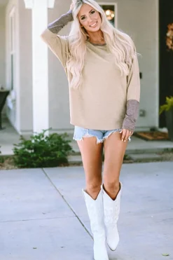 Sale Dear-Lover Contrast Cuffs Batwing Sleeve Loose Top Khaki