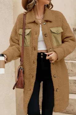 Outlet Dear-Lover Contrast Flap Pocket Single Breasted Teddy Coat Khaki
