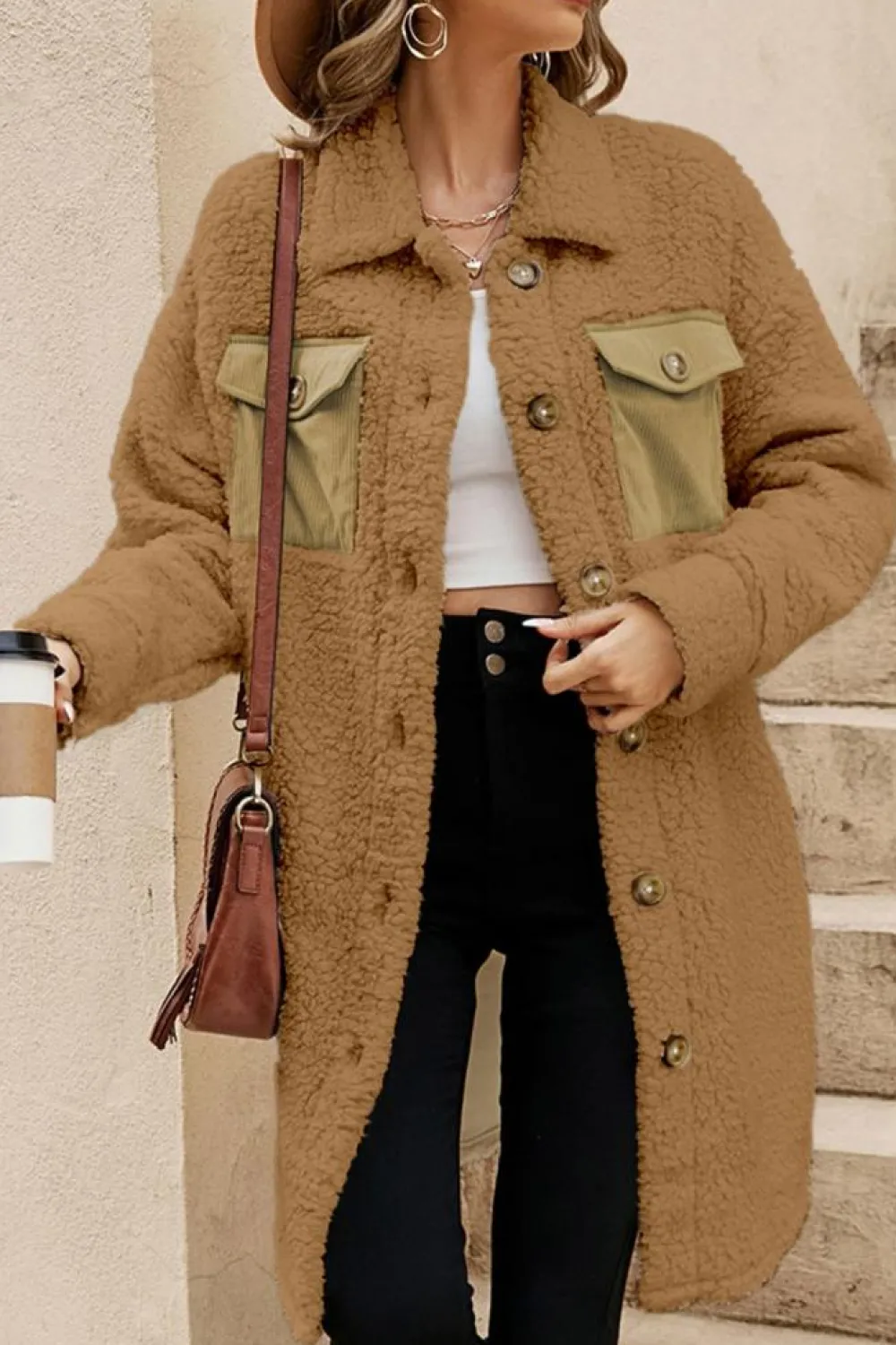 Outlet Dear-Lover Contrast Flap Pocket Single Breasted Teddy Coat Khaki
