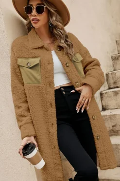 Outlet Dear-Lover Contrast Flap Pocket Single Breasted Teddy Coat Khaki