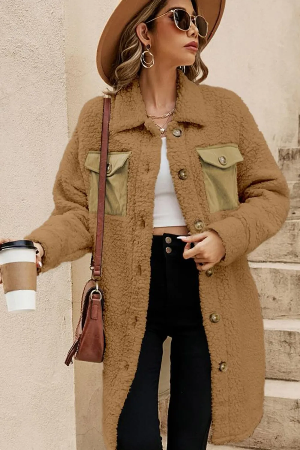 Outlet Dear-Lover Contrast Flap Pocket Single Breasted Teddy Coat Khaki