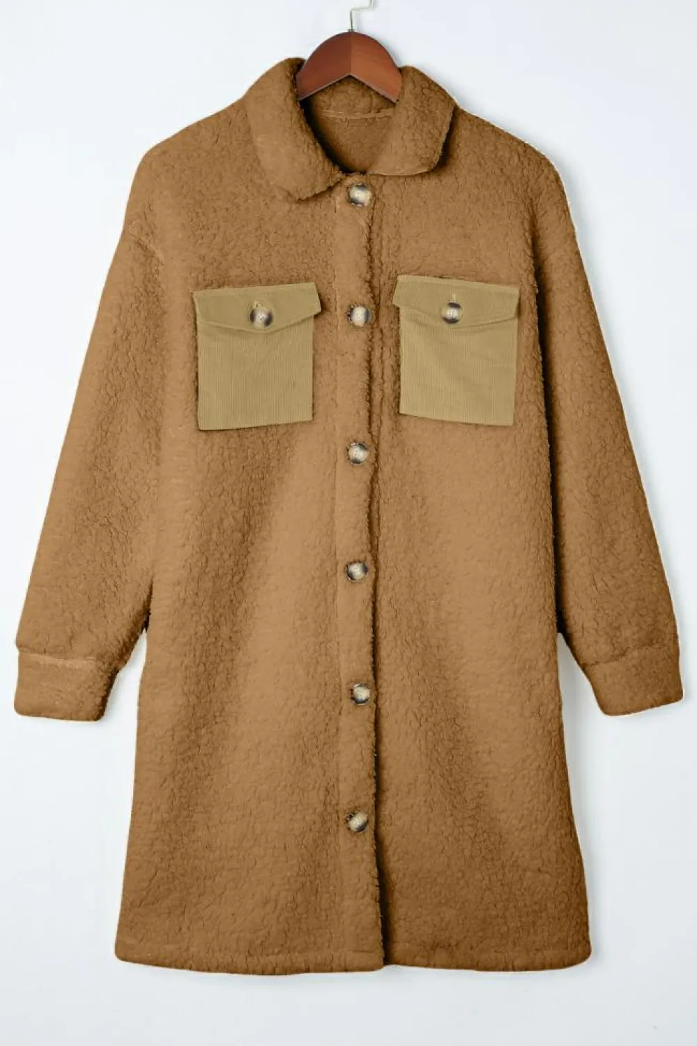 Outlet Dear-Lover Contrast Flap Pocket Single Breasted Teddy Coat Khaki