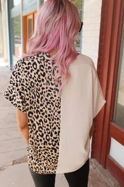 Hot Dear-Lover Contrast Leopard Color Block Blouse Khaki