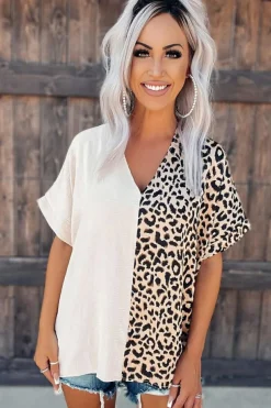 Hot Dear-Lover Contrast Leopard Color Block Blouse Khaki