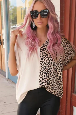 Hot Dear-Lover Contrast Leopard Color Block Blouse Khaki