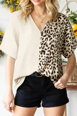 Hot Dear-Lover Contrast Leopard Color Block Blouse Khaki