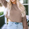 Hot Dear-Lover Cording Drop Shoulder Puff Sleeve Casual Long Sleeve Top Khaki