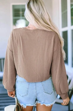 Hot Dear-Lover Cording Drop Shoulder Puff Sleeve Casual Long Sleeve Top Khaki