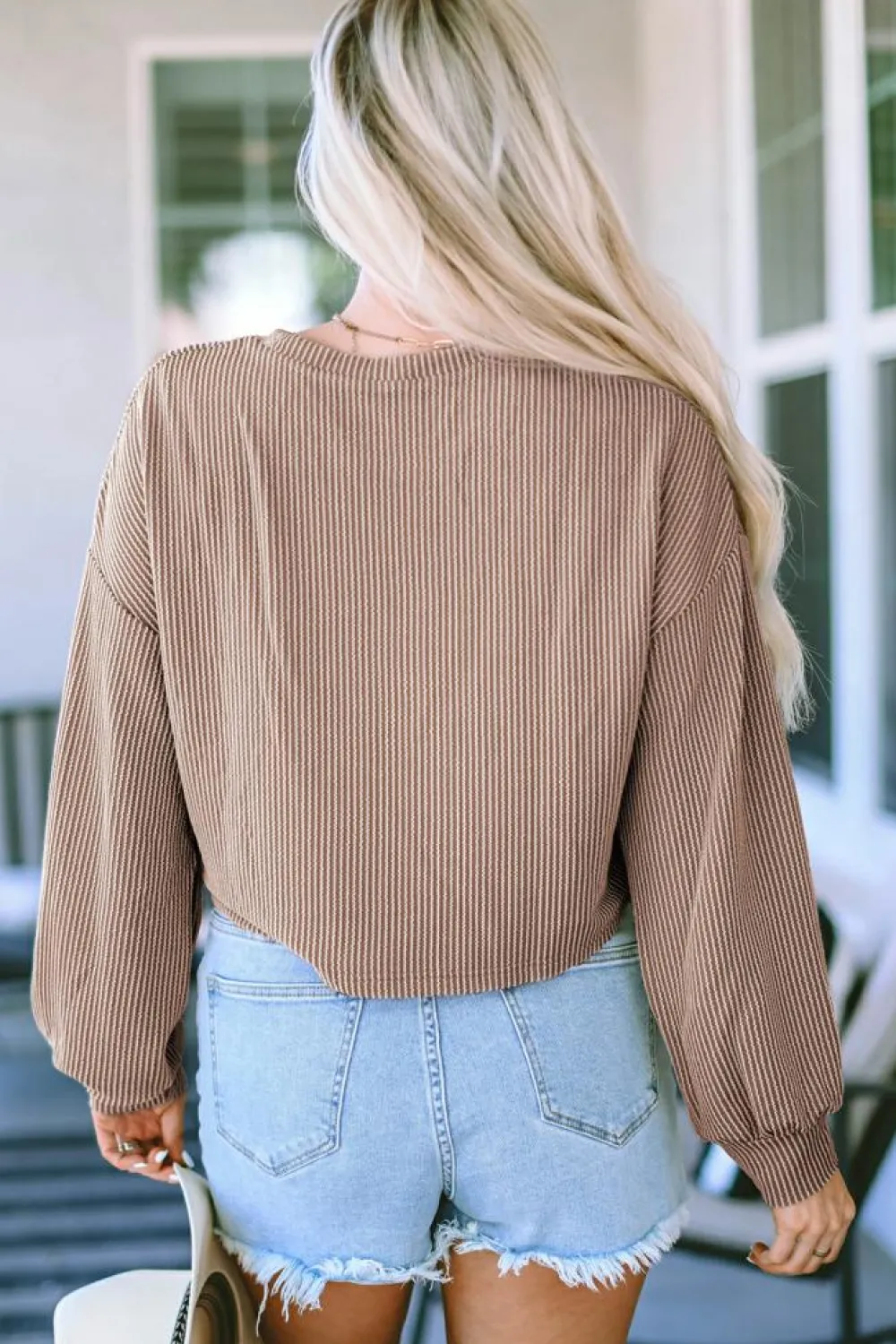 Hot Dear-Lover Cording Drop Shoulder Puff Sleeve Casual Long Sleeve Top Khaki