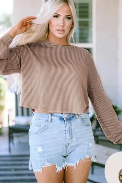 Hot Dear-Lover Cording Drop Shoulder Puff Sleeve Casual Long Sleeve Top Khaki