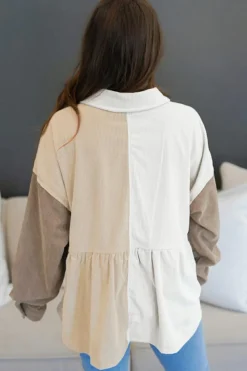 Fashion Dear-Lover Corduroy Colorblock Button up Loose Shacket Khaki