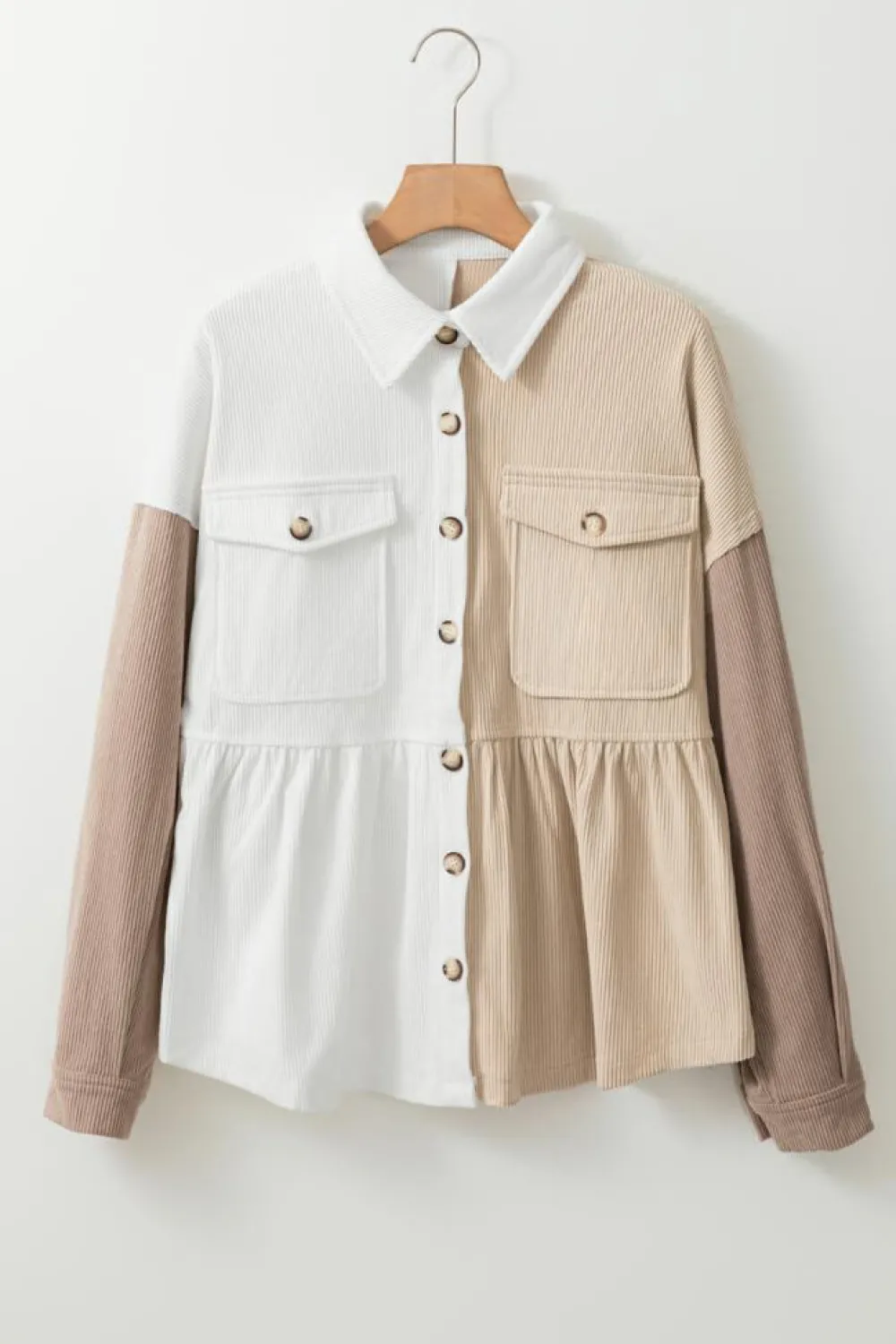 Fashion Dear-Lover Corduroy Colorblock Button up Loose Shacket Khaki