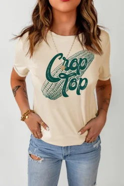 Online Dear-Lover Corn Crop Top Graphic Tee Khaki