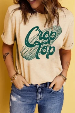 Online Dear-Lover Corn Crop Top Graphic Tee Khaki