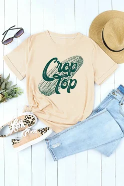 Online Dear-Lover Corn Crop Top Graphic Tee Khaki